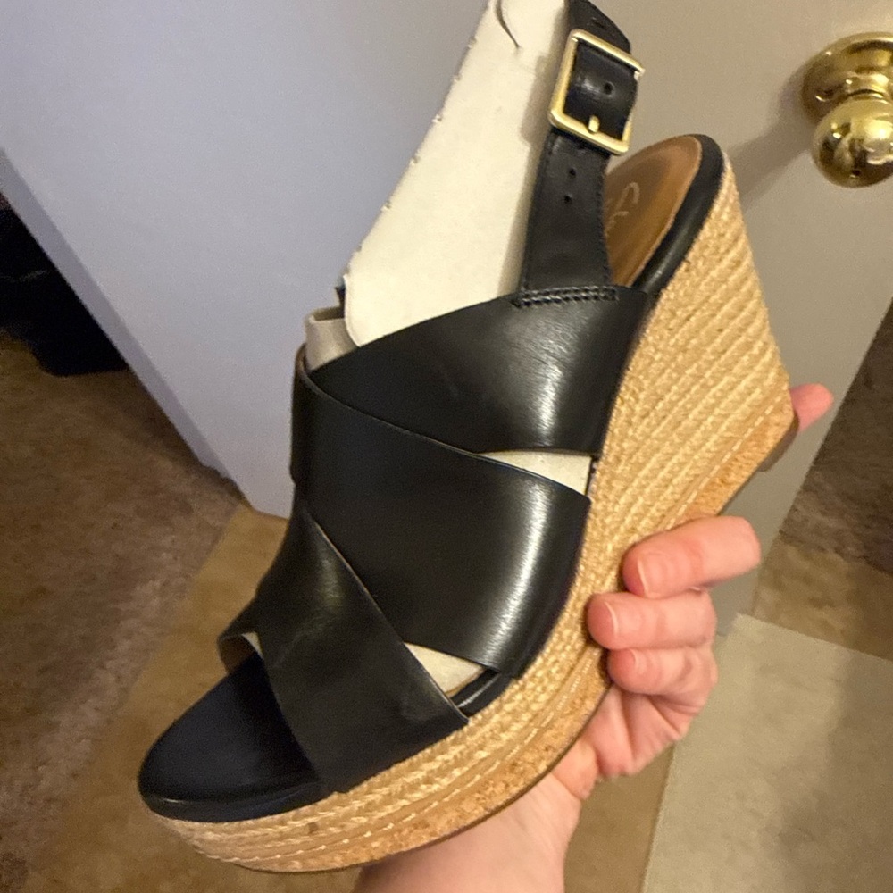 Clarks Black Leather Wedge Sandals